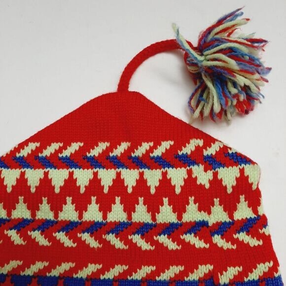 Retro 80's CAPPELLO 100% Wool Intarsia Geo Pattern Knit Beanie Hat w/ Pom-Pom OS - Picture 9 of 14